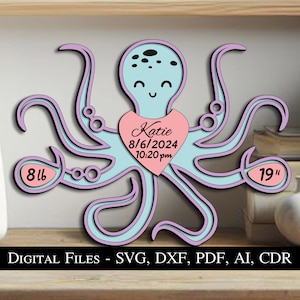 Faire-part de naissance bébé poulpe signe cadeau carte laser SVG garçon fille enfant enfant animal mignon téléchargement immédiat Glowforge informations de naissance