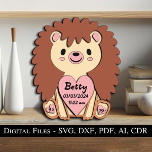 Erizo bebé anuncio signo recién nacido regalo tablero de nacimiento SVG láser increíble niño niña animal corazón tarjeta descarga instantánea Glowforge información de nacimiento