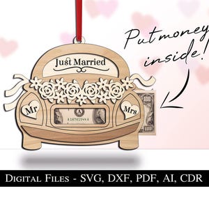 Bruiloft auto geld houder cadeau Just Married SVG Glowforge, SVG laserklaar gesneden bestand - direct downloaden, huwelijkscadeau