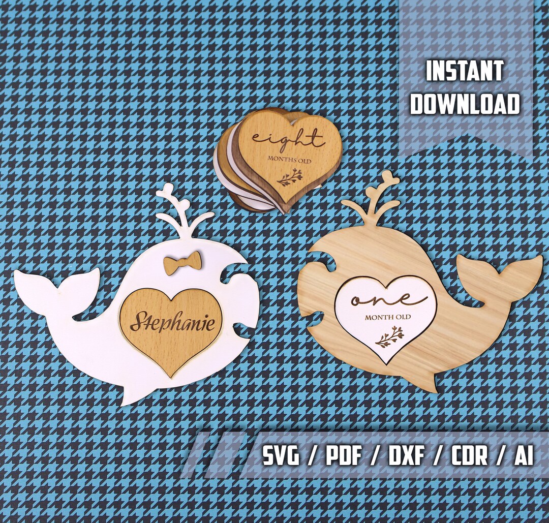 Monthly Interchangeable Whale Baby Milestone Cards SVG Laser Cut File ...