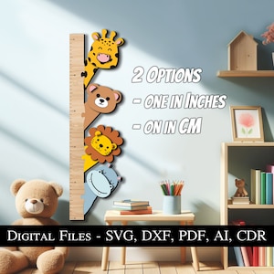 Tiere Kinder Wachstumstabelle Lineal SVG Laser Glowforge Puzzle Babytafel Geschenkschild Junge Mädchen Kind Niedlich Sofortiger Download Löwe Bär Nilpferd Giraffe