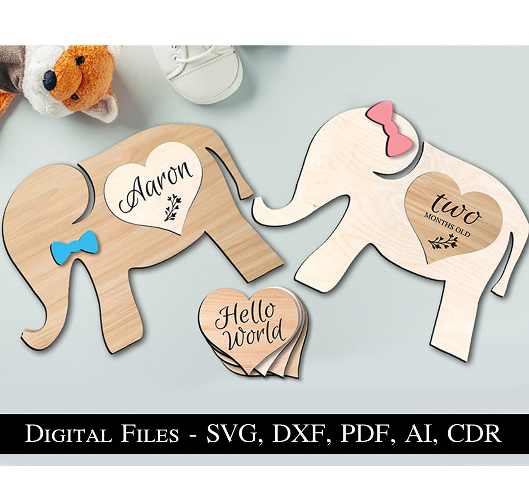 Monthly Interchangeable Elephant Baby Milestone Cards SVG Laser Cut ...