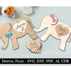 Photos d'étapes mensuelles interchangeables pour bébé Incroyable coeur d'éléphant mignon bébé Carte d'étape importante Fichier SVG Téléchargement instantané en bois Glowforge