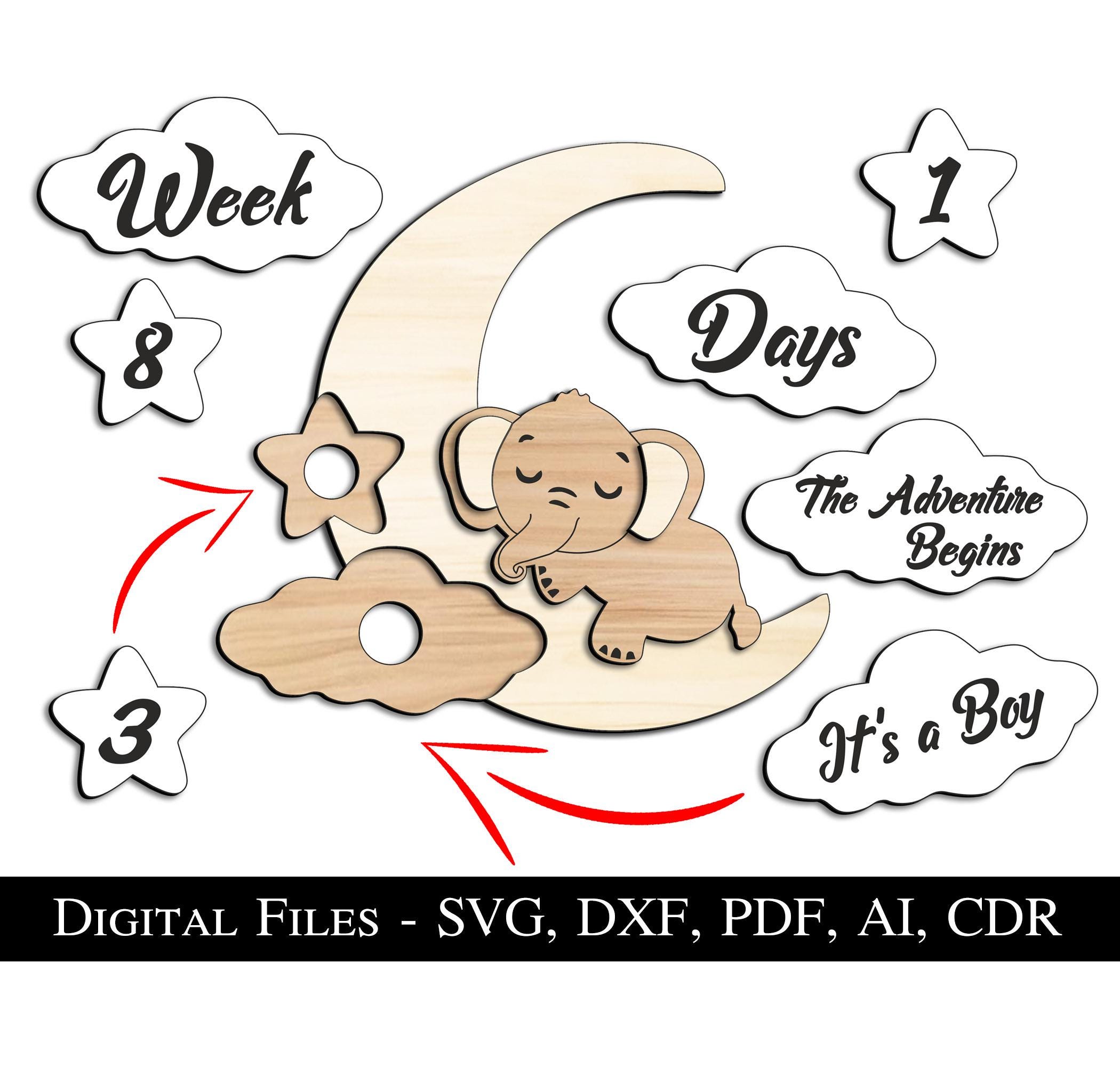 Interchangeable Elephant Baby Milestones Board SVG Laser Cut Gift ...