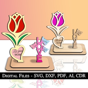Moederdag Bloemencadeau Hart Vaas Liefde Stand Tulp SVG Laser Home Decor Instant Download Glowforge Cadeau Voor Beste Moeder Mama Mama Digitaal