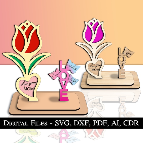 Muttertag Blumengeschenk Herz Vase Liebe Stand Tulip SVG Laser Home Dekor Instant Download Glowforge Geschenk für beste Mama Mama Mama Digital