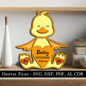 Pato recién nacido bebé nacimiento anuncio signo tablero regalo presente SVG láser niño niña niño lindo animal descarga instantánea Glowforge pájaro