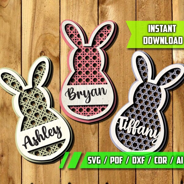 Easter Bunny Rattan Basket Name Tags SVG Bundle Eggs Layered Hanger Laser Cut Files Glowforge Lightburn