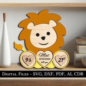 Letrero de anuncio de bebé Leo Lion, regalo para recién nacido, tablero láser SVG para niño, niño, niño, animal lindo, descarga instantánea, información de nacimiento de Glowforge