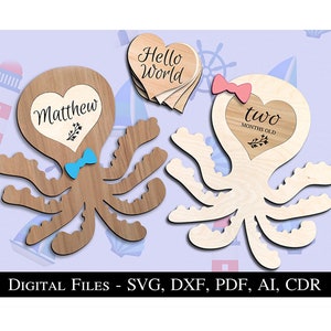Photos d'étapes mensuelles interchangeables pour bébé Incroyable pieuvre mignonne coeur bébé carte jalon fichier SVG en bois Téléchargement instantané Glowforge