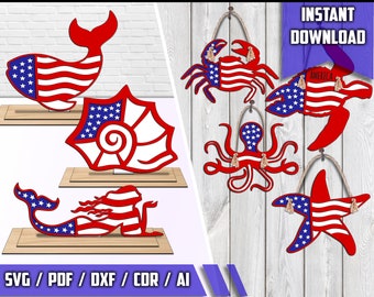 Adornos de animales costeros con la bandera de EE. UU., decoraciones para el 4 de julio, archivo digital cortado con láser