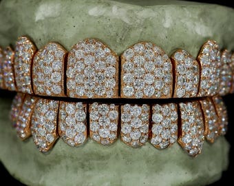 Jumbo VVS Moissanite Perm Cut Grillz 925 Sterling Silver, Pass Diamond Test
