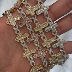 Bracelet croix diamant VVS1, diamant moissanite baguette de qualité VVS1, testeur de diamants réussi, argent sterling 925 de qualité lourde/solide 10 carats
