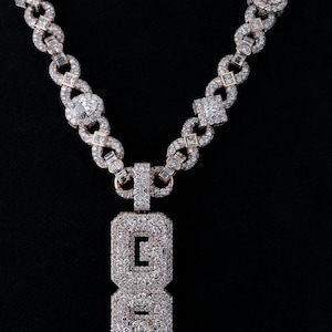 Mosaic set Iced Out Vertical Hip Hop Pendant – VVS Moissanite Multi-Cut Stones – Rhodium Plated 925 Sterling Silver –   Rose Gold Jewelry
