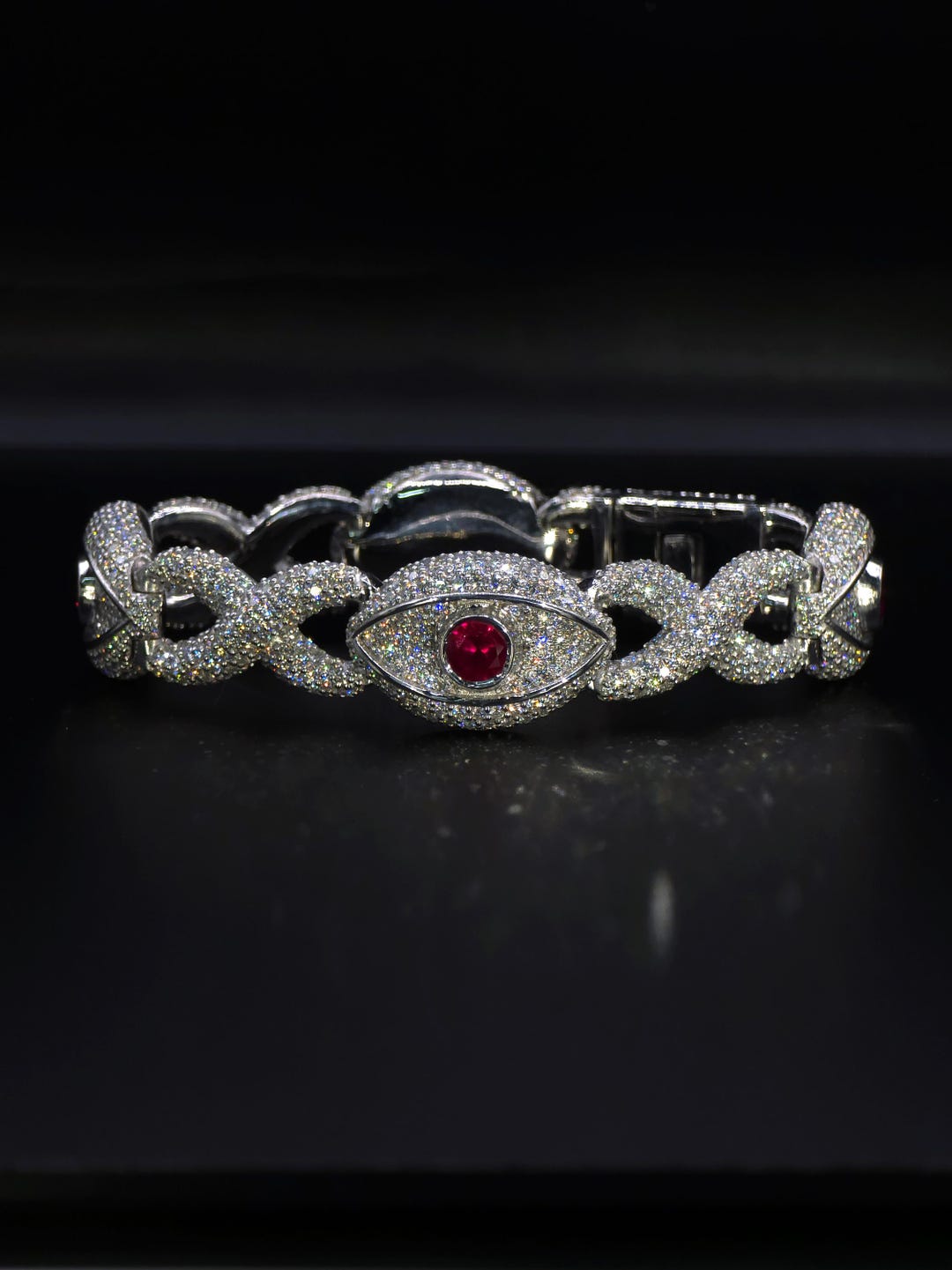 Luxury Ruby Evil Eye Bracelet | 16mm Wide | VVS1 Moissanite Iced