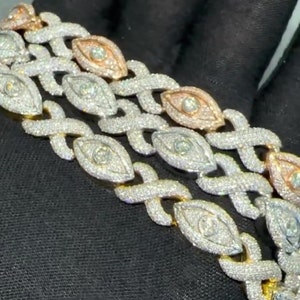 Bransoletka z ogniwami Iced Out Evil Eye, diament Moissanite jakości VVS1, zaliczony test diamentów, wysokiej jakości srebro próby 925 / lite 10k