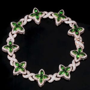 Łańcuszek VVS Moissanite Green Flower Link | Rodowane srebro 925 | Naszyjnik Iced Out Custom | Biżuteria Hip Hop Statement