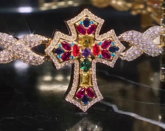 Multicolor Cross Bracelet | 925 Sterling Silver with VVS Moissanite & Colored Gemstones | Iced Out Gold Finish Hip Hop Jewelry
