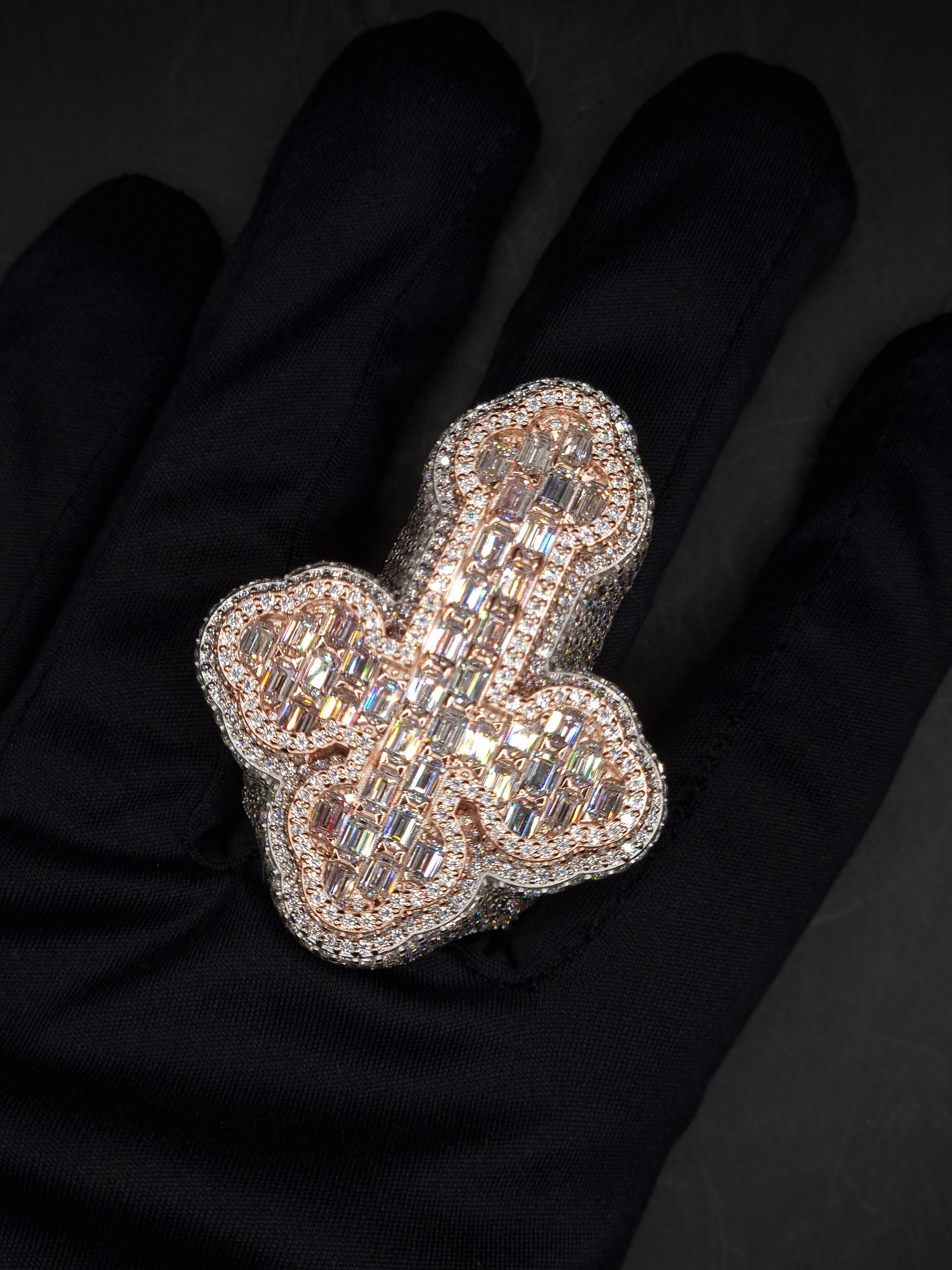 Iced Out Hip Hop Cross Ring, Iced BAGUETTE CROSS RING, Silver
