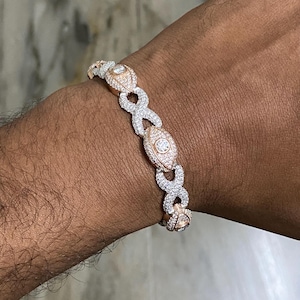 Bransoletka z ogniwami Iced Out Evil Eye, diament Moissanite jakości VVS1, zaliczony test diamentów, wysokiej jakości srebro próby 925 / lite 10k