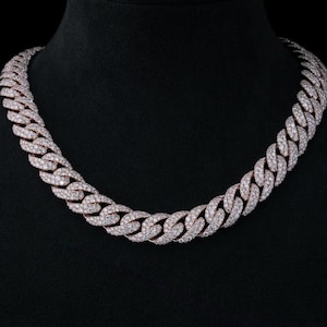 ŁAŃCUSZEK MOISSANITOWY - 14 mm łańcuszek z mozaiką z ogniwami kubańskimi ze srebra próby 925, kamienie Moissanite VVS, tester diamentów Pass