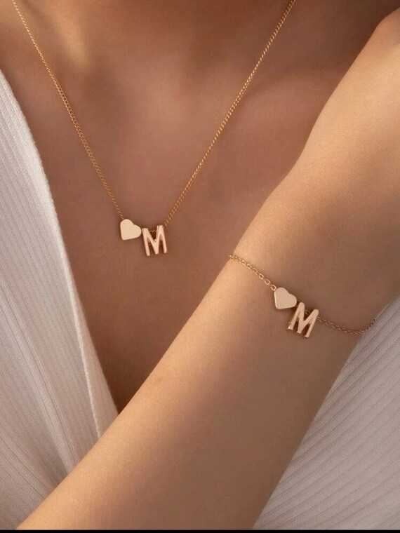 Letter and Heart Bracelet & Necklace 2 Pcs Letter M Letter 