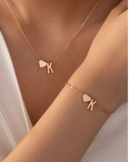 Letter and Heart Bracelet Necklace 2 Pcs Letter M Letter K