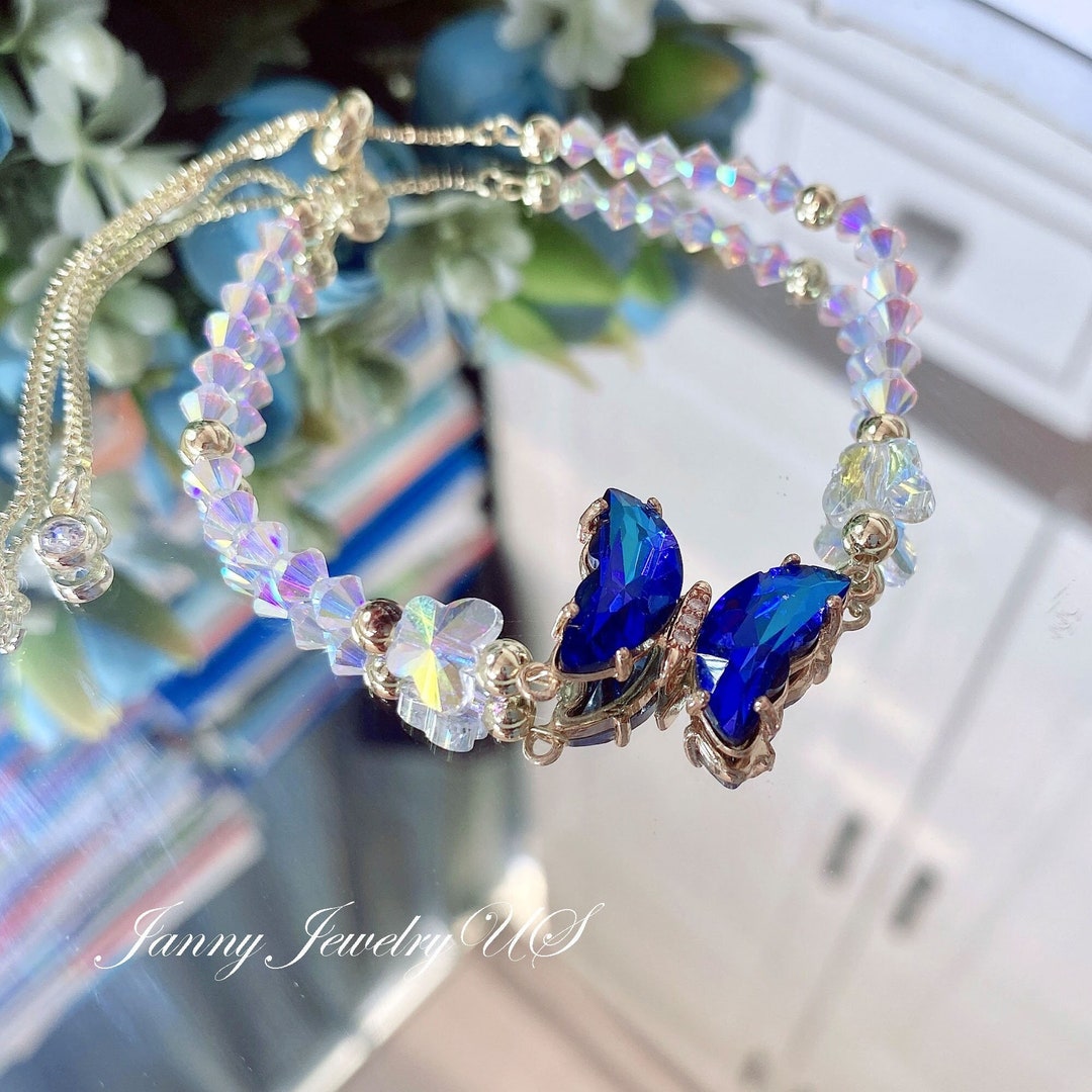 Baroque Cute Romantic Pink Blue Butterfly Crystal Bridal Jewelry Sets