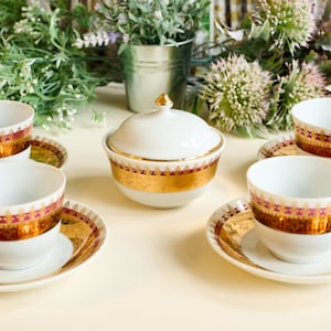 Vintage Porcelain coffee or tea cup set, red and gold decor - Czechoslovakia, H&C Chodov, hand painted with 24k gold