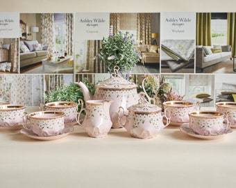 Vintage Rosa Porzellan Teeset für sechs Personen, floral - weiße Blumen, handbemalt mit 24 Karat Gold, H & C Chodov, antikes Porzellan Teetassen Service