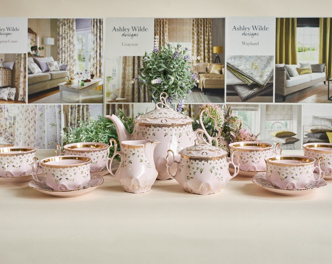 Vintage Pink Porcelain Tea set for six, floral - white flowers, hand painted with 24k gold, H&C Chodov, antique porcelain tea cups service