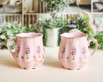 Pink Porcelain friendly Mug set flowers painted with 24k gold