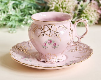 Vintage rosa Porzellan-Kaffeetasse – floral, handbemalt mit 24 Karat Gold, H&C Chodov, Kaffeetasse