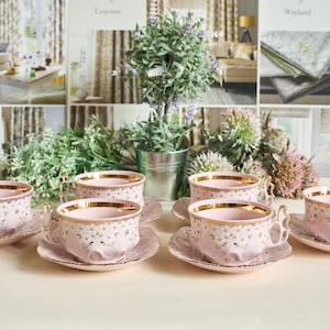 Vintage Pink Porcelain Tea cups, floral - white flowers, hand painted with 24k gold, H&C Chodov, antique pink porcelain tea cups, tea cups