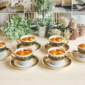 Vintage Porcelain Tea or coffee set, green and gold - marked, Czechoslovakia, painted with 24k gold