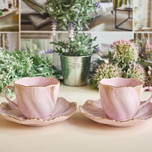 Set of 2 Vintage Pink Porcelain coffee or tea cups with saucer - hand painted with 24k gold, H&C Chodov,  original pink porcelain