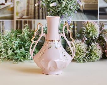 Vintage Pink Porcelain Vase floral - white flowers, painted with 24k gold, czechoslovak porcelain, H&C Chodov