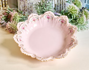 Pink Porcelain fruit bowl - roses decor, painted with 24k gold