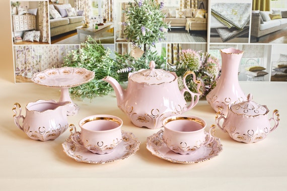Pink Porcelain Tea Set: H&C Chodov, 24k Gold Oak Leaf Decor - Etsy
