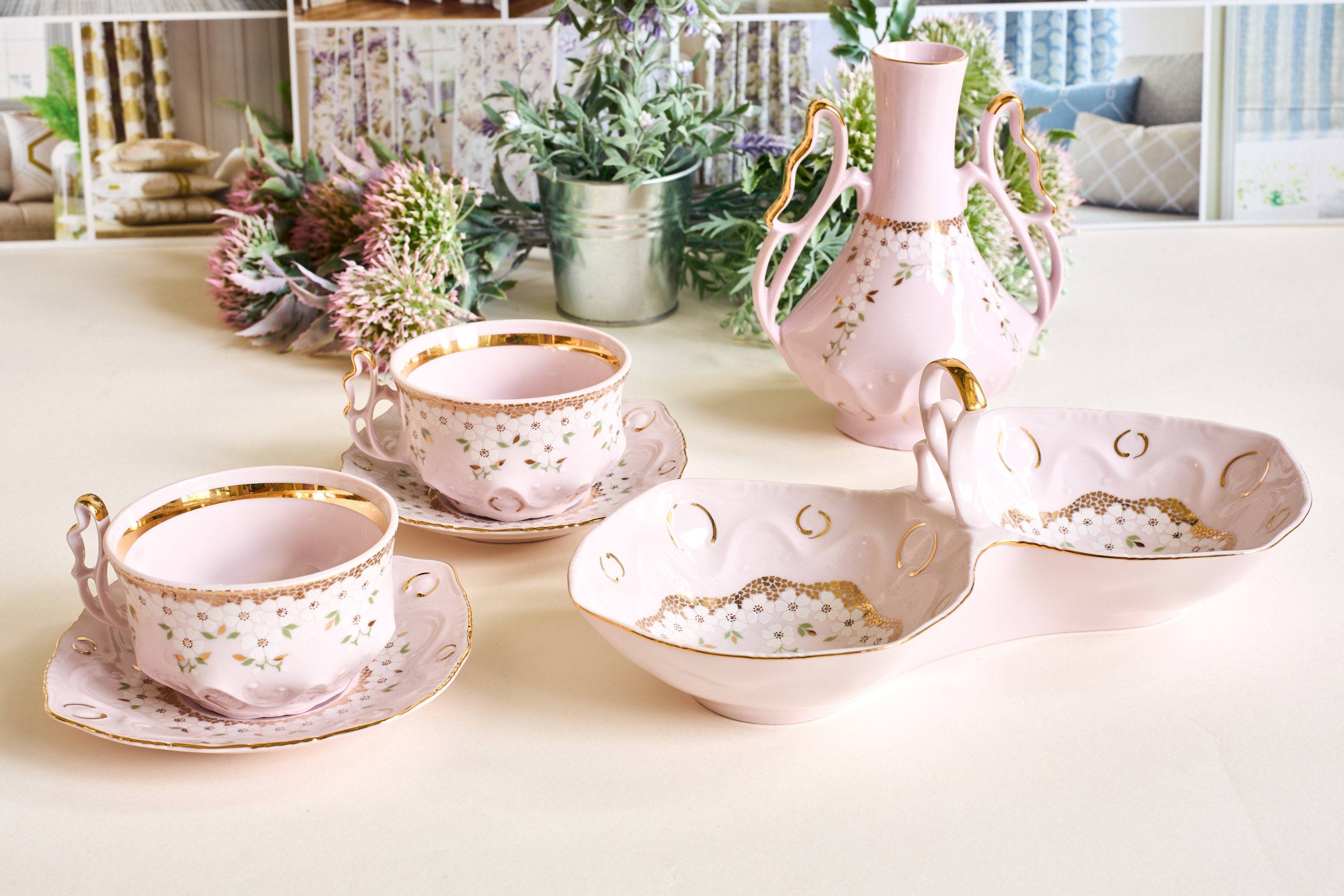 Vintage Pink Porcelain Tea Set: H&C 24k Gold Hand-painted Flowers - Etsy