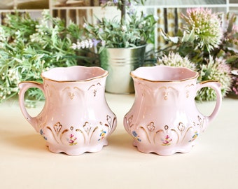 Ensemble convivial vintage de tasses en porcelaine rose - floral, peint à la main avec de l'or 24 carats, H&C Chodov, tasse à café, tasse à thé