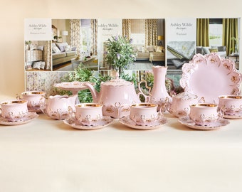 Vintage Pink Porcelain Tea and Cake Set - oak leaf, painted with 24k gold