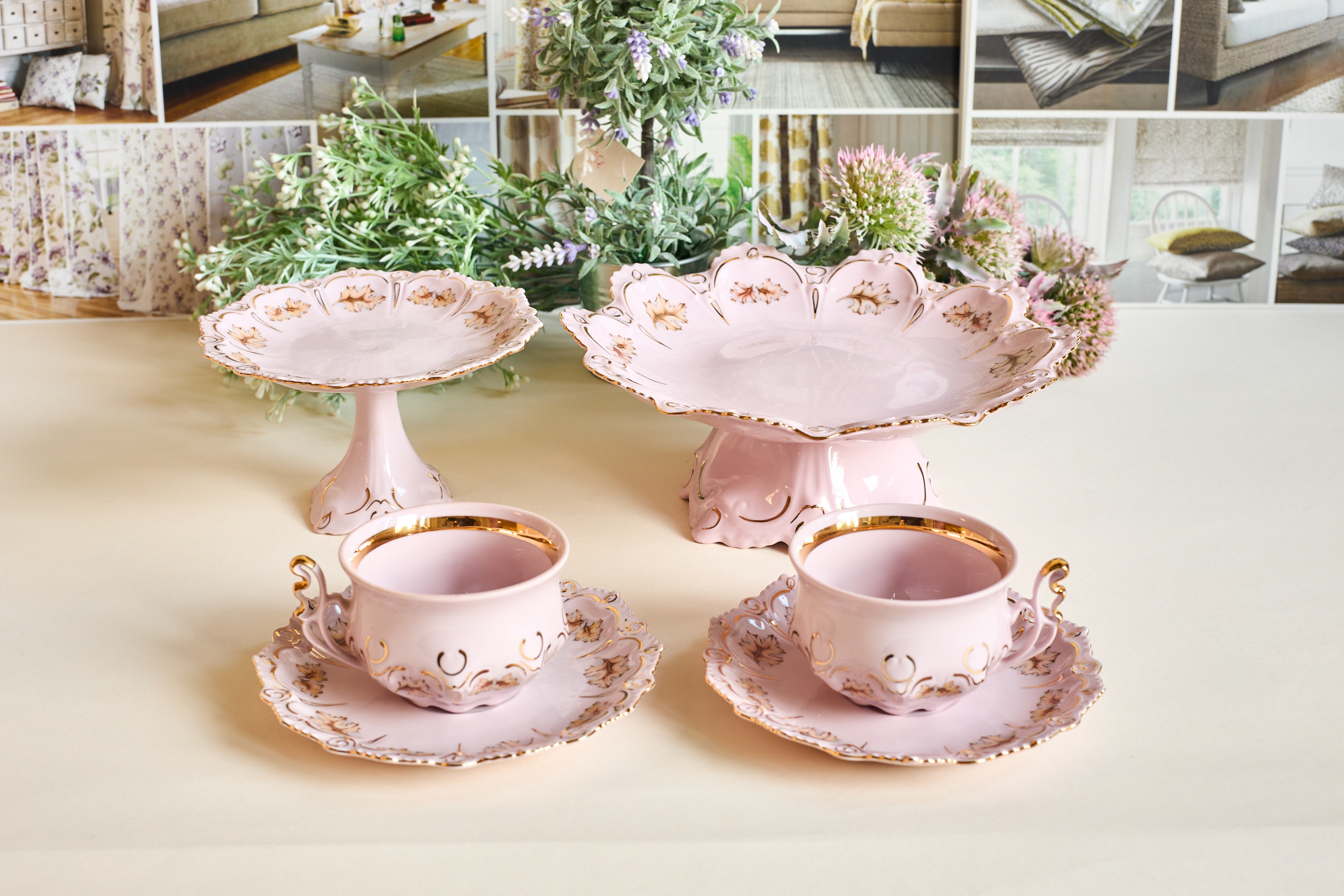 Pink Porcelain Tea Set: H&C Chodov, 24k Gold Oak Leaf Decor - Etsy