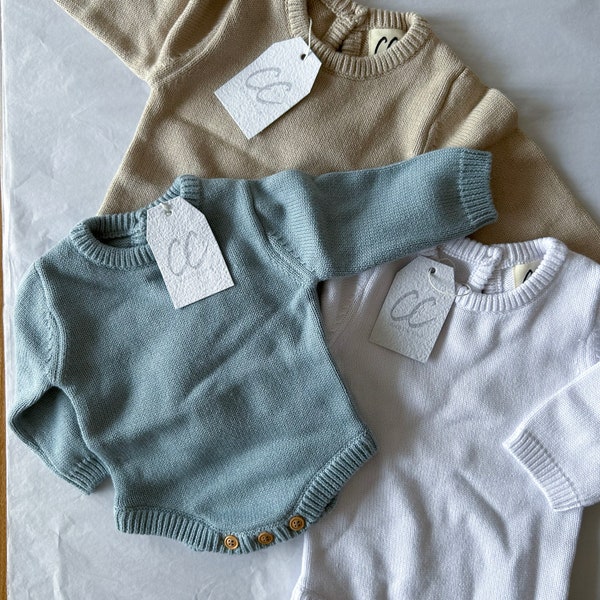 DISCOUNTED knit baby romper, knit baby outfit, cute baby outfit, long sleeve knit bodysuit, heirloom baby outfit, newborn coming home outfit