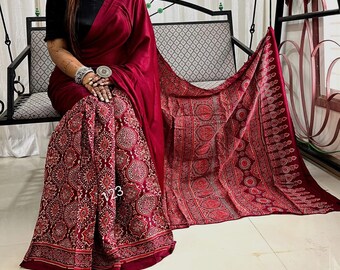 Indian Handmade Multi colour Ajrakh Modal Silk Saree for Women