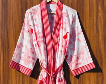 Handmade Block Print Cotton Kimono Robe, Lightweight Summer Beach Cover-up