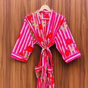 Pink Striped Kimono Robe, Cotton Wrap Robe, Handmade Vacation Robe, Tropical Lounge Wear, Boutique Cotton Kimono, Gift for Her