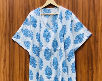 Handmade Block Print Cotton Kaftan Dress | Blue Floral Boho Beach Cover Up
