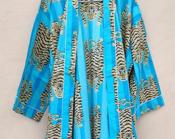 Tiger Print Cotton Kimono Robe | Lightweight Blue Striped Loungewear | Perfect Gift for Her | Ethical Beach Cover Up & Resort Wear Kimono |
