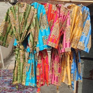 Handmade Striped Tiger Print Cotton Kimono Robe - Boho Beach Cover Up